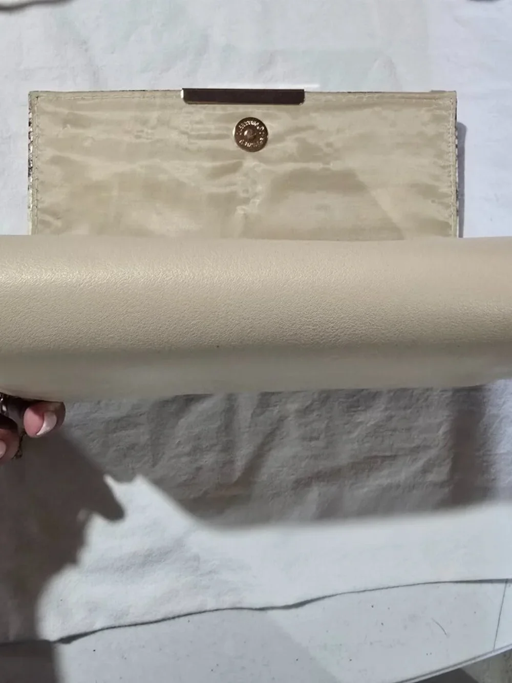 Faux Snakeskin & Beige Clutch Crossbody Evening Bag with Gold Chain Strap